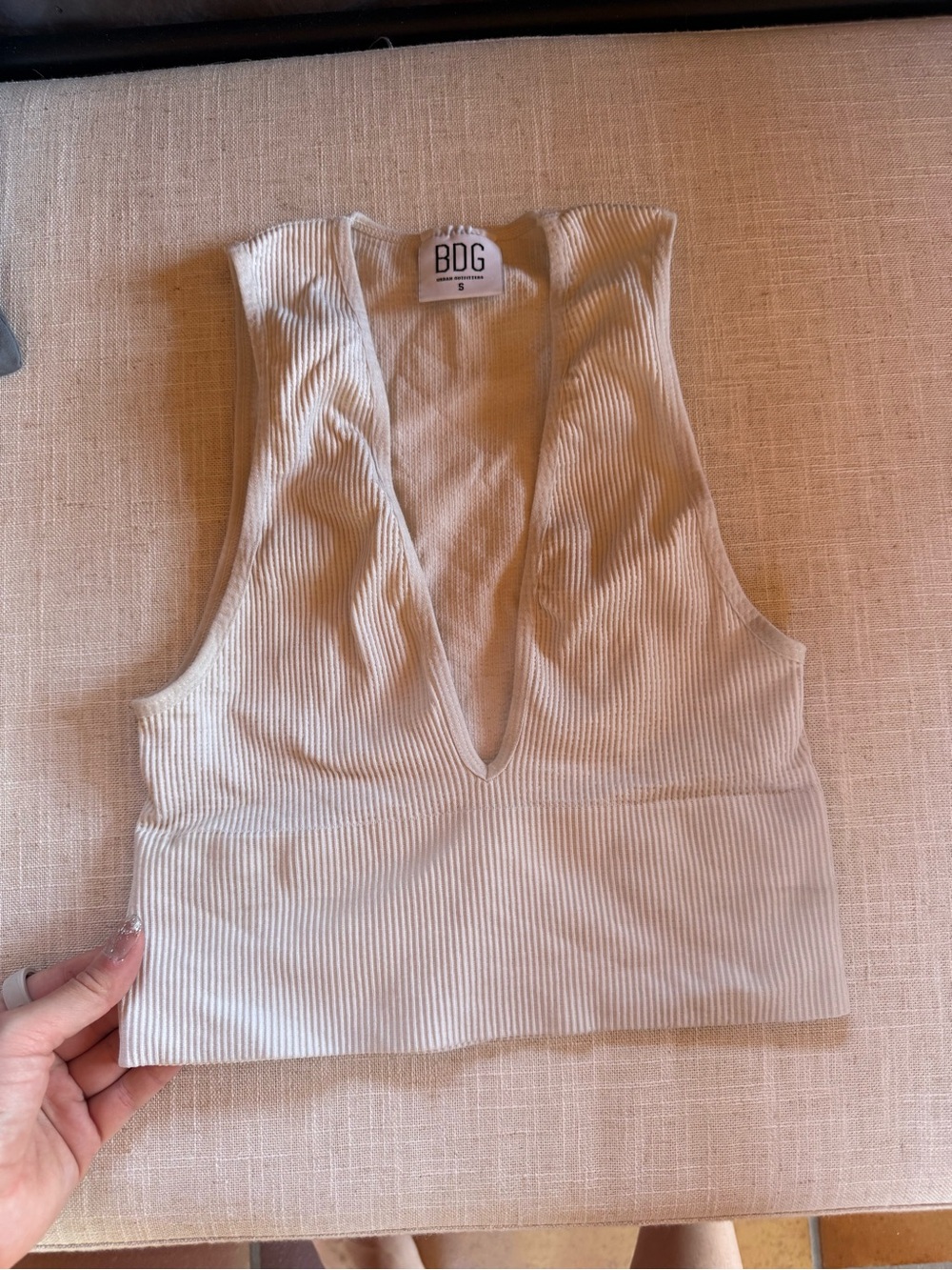 BDG Cream Ribbed Deep V Crop Tank